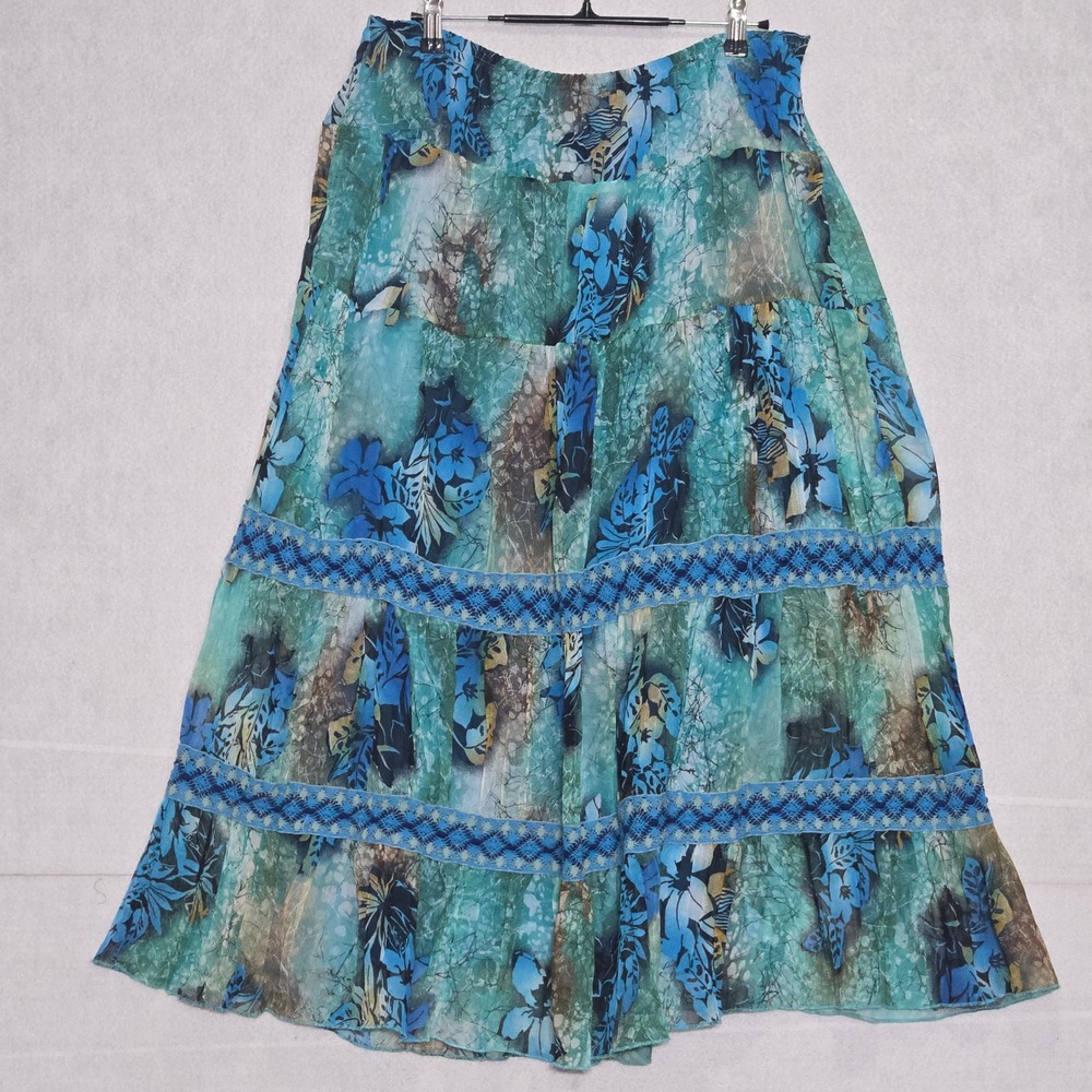 Elementz Tiered Midi Skirt Womens Large Teal Blue Floral Boho Crochet